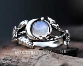 Crescent Moonstone Ring: Handmade Sterling Silver Branches Ring