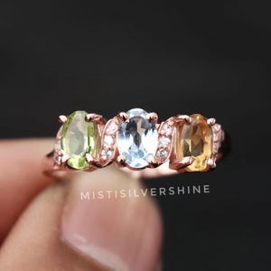 Natural Blue Topaz With Citrine & Peridot Ring, 18k Rose Gold Plated Ring, 925 Sterling Silver Ring, Unique Multi Stone Ring, Gift For Her