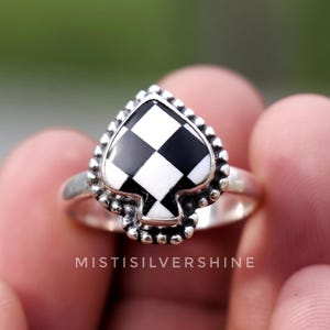 Black & White Spades Checker Ring, 925 Sterling Silver Ring, Black Onyx With White Opal Dainty Ring, Handmade Minimalist Cabochon Ring Gift