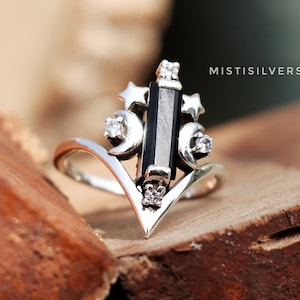 Crescent Moon Ring, Natural Black Onyx Ring, 925 Sterling Silver Ring, Celestial Ring,  Unique Silver Bar Ring, Anniversary Gift For Her