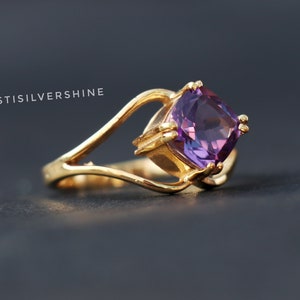 Amethyst-Ring, 18k vergoldeter Ring, 925 Sterlingsilber-Ring, einzigartiger Kissen Amethyst-Goldring, Jubiläumsring, Silberring Geschenk für sie