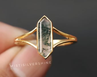 Moss Agate Ring: 18K Gold Plated 925 Sterling Silver, Bohemian Jewelry
