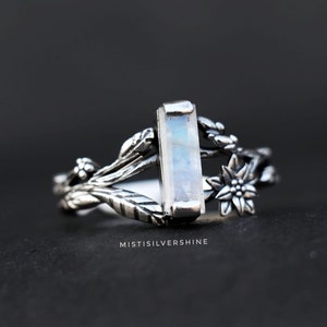Bague branches en pierre de lune naturelle, bague en argent sterling 925, bague bar minimaliste inspirée de la nature, bague d&#39;anniversaire artisanale en argent pour elle