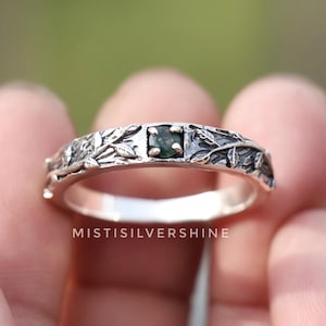 Moss Agate Twig Ring: Sterling Silver Branch Band