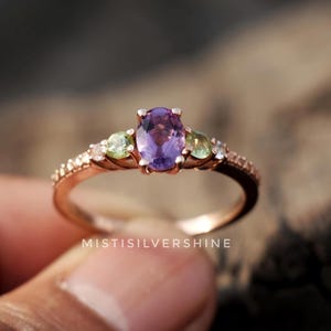 Natural Amethyst Ring, 18k Rose Gold Plated, 925 Sterling Silver, Amethyst With Peridot Ring, Personalized Multi Stone Ring Gift For Partner