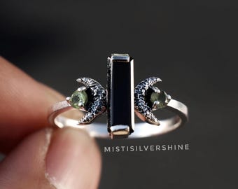 Black Onyx Peridot Ring: 925 Sterling Silver Celestial Crescent Bar Ring