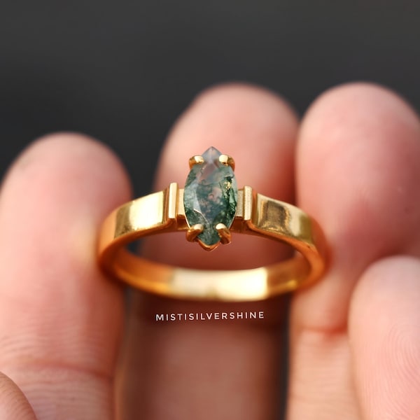 Moss Agate Ring: Marquise Green Gemstone, 18k Gold Plated Sterling Silver