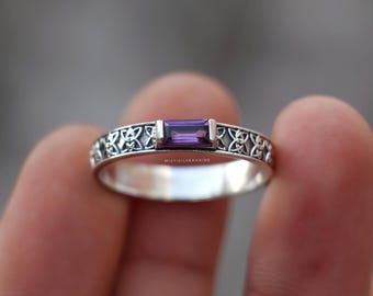 Natural Amethyst Ring, Celtic Knot 925 Sterling Silver Band, Handmade Artisan Jewelry, Wedding Ring