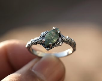 Sterling Silver Moss Agate Leaf Ring, Marquise Gemstone Boho Band