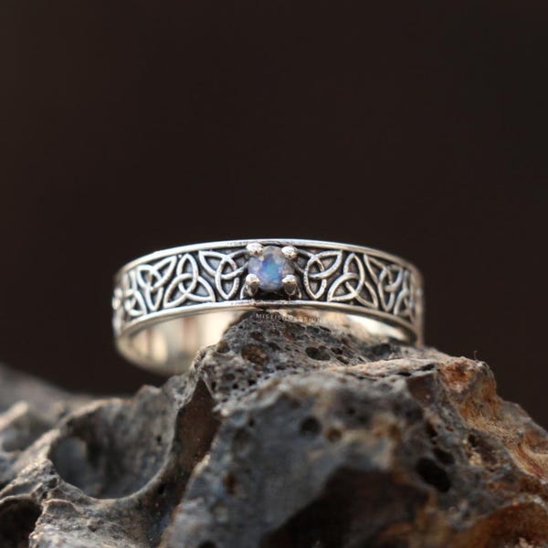 Anello con pietra di luna naturale, fede nuziale con nodo celtico, anello in argento sterling, gioiello unisex Trinity fatto a mano