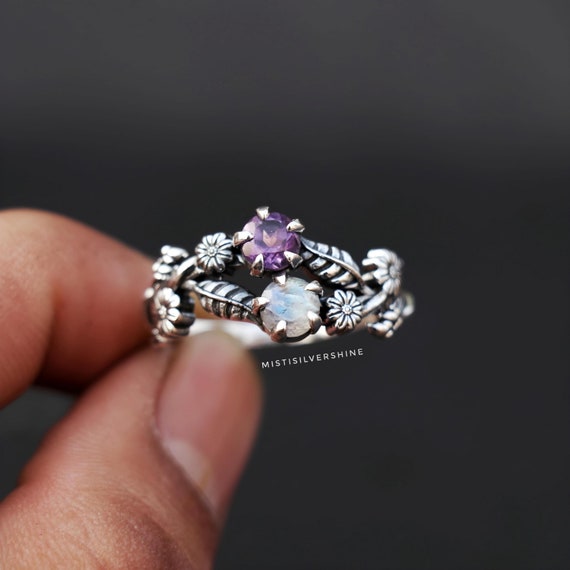 Amethyst and Moonstone Ring, 925 Sterling Silver Flower Leaf Band, Handmade Artisanal Jewelry