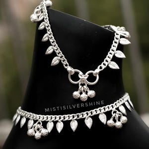 Sterling Silver Leaves Anklet: Jingle Bell Charm, 925 Silver Payal