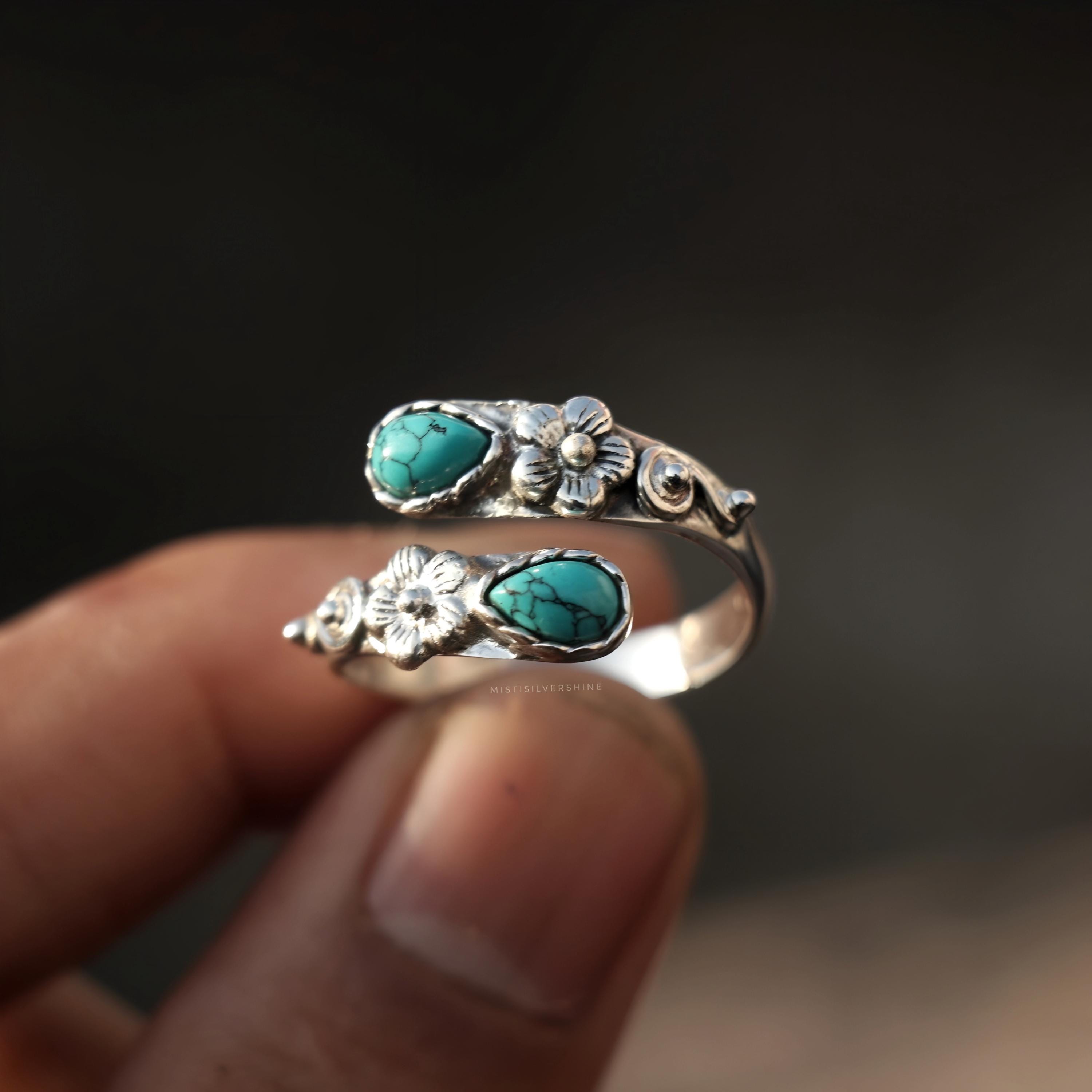 Blue Turquoise Ring: 925 Sterling Silver Flower Band, Handmade