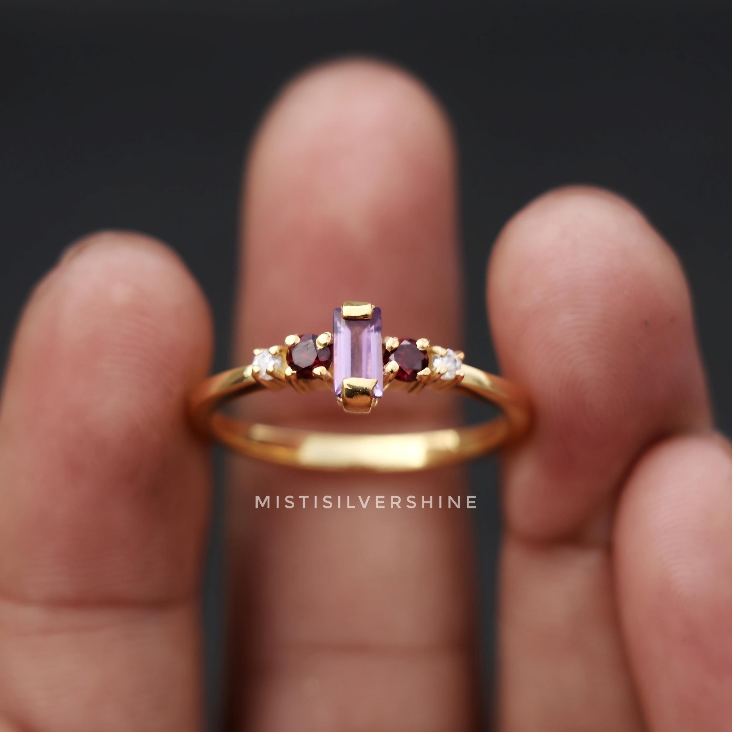 アメジストガーネットリング：18Kゴールドヴェルメイユ、925