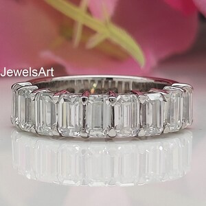 Aliança de casamento de diamante esmeralda meia eternidade 5X3MM/faixa de aniversário de moissanite com corte esmeralda de nove pedras/faixa de ouro maciço 14K/faixa simulante