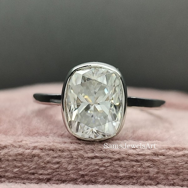 2.50 CT Brilliant Cushion Cut Moissanite Ring / Bezel Setting Wedding Ring / 14K-18K Solid White Gold Bezel Ring /  Solitaire Ring For Her