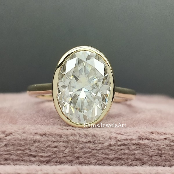 4.5CT Huge Oval Cut Moissanite Wedding Ring / 14k Solid Yellow Gold Engagement Ring / Bezel Set Moissanite Rings / Gift's Rings For Her
