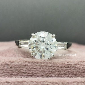 3.5TCW Round & Baguette Moissanite Wedding Ring/ 14K Solid White Gold Three Accents Diamond Ring / Round Moissanite Engagement Ring For Her