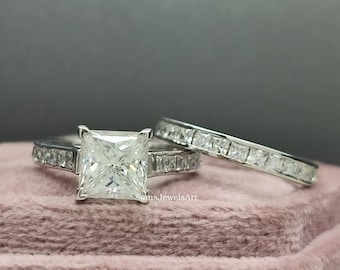 2CT Princess Cut White Moissanite Engagement Rings / 14K Solid White Gold Half Eternity Wedding Ring Set / Princess Diamond Bridal Ring Set