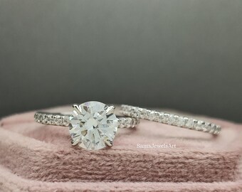 1.98CT Round Moissanite Diamond 925 Starling Silver Ring / 14K Solid White Gold Minimalist Wedding Set / Anniversary Gift Ring / Bridal Set