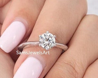 Runde 1.5ct Moissanite Solitaire Ring / Messer-Kanten-Design / Braut Damen Ring / Weißgold Versprechen Ring / Sterling Silber Diamant Ring