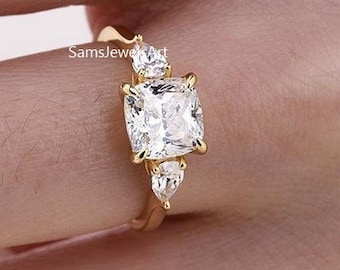 1.50 CT Cushion Cut Moissanite Ring / Three Stone Wedding Ring /Classic Cushion & Pear Diamond Engagement Ring/ 14K Solid Gold Ring  For Her