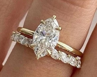 2 Carat Marquise Engagement Ring Set / Marquise Moissanite Solitaire Engagement Ring/ 14K Solid Real Yellow Gold Matching Plain Band For Her