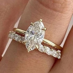 2 Carat Marquise Engagement Ring Set / Marquise Moissanite Solitaire Engagement Ring/ 14K Solid Real Yellow Gold Matching Plain Band For Her