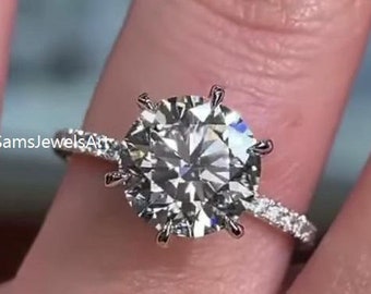 3CT Ausgezeichneter Schliff runder Moissanite Ring, 6 Krallen-Zinken-Einstellungs-Hochzeitsring, 18K festes Weißgold-Verlobungsring, Rundschliff-Solitärring