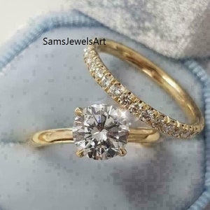 1.5 CT Round Cut Moissanite Wedding Bridal Set / 14K Solid Yellow Gold Ring With Matching Band / Lab Diamond Ring Set / Engagement Ring Set