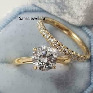 1.5 CT Round Cut Moissanite Wedding Bridal Set , 14K Solid Yellow Gold Ring With Matching Band , Lab Diamond Ring Set , Engagement Ring Set