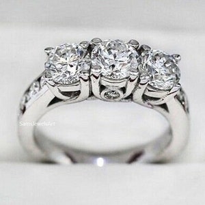 2 CT Round Moissanite Three Stone Wedding Ring / Classic Channel Setting Band / 14k White Gold Promise Ring / 3 Stone Ring / Accents Rings