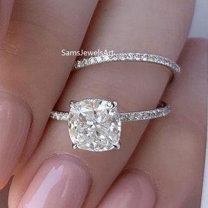 2 CT Cushion Near White Moissanite Engagement Ring Set In 925 Sterling Silver / Solitaire Promise Ring Set For Women / Gold Wedding Rings