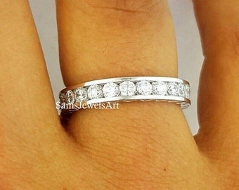 Sterling Silver Half Eternity Engagement Band / 0.70CT Round Moissanite Wedding Band / Unique White Gold Channel Set Band / Anniversary Band