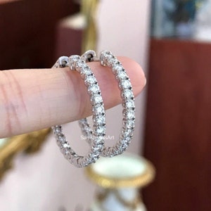 3CT Round Cut Diamond Earrings / 14K White Gold Small Endless Hoop Earrings / Simple Hoop Earrings / Sterling Silver Lab Diamond Earrings