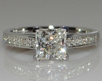 2 CT Princess Cut Moissanite Ring / 925 Sterling Silver CZ Ring / Channel Setting Ring / 14K Solid White Gold Wedding Ring / Engagement Ring