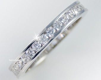 1.2CT TW Classic Round Channel Set Moissanite Band , Unique Wedding Band , 925 Sterling Silver Lab Diamond Band , Channel Set Eternity Ring