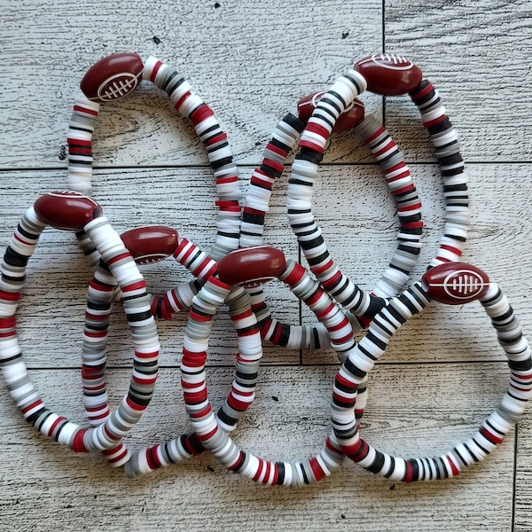 Handmade maroon burgundy black white gray beaded bracelet with football charm Florida Seminoles Tampa Bay Buccaneers colors