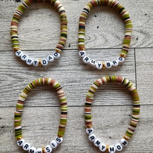 One (1) Handmade camouflage polymer clay beaded bracelet with ARMY MOM DAD bro or sis