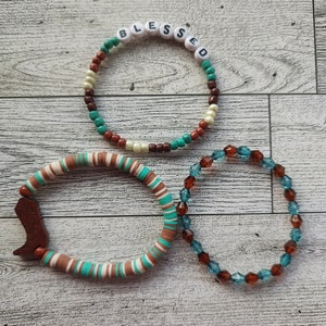 Handmade western cowboy boot blessed 3 piece beaded bracelet set with turquoise brown tan glass clay faceted beads