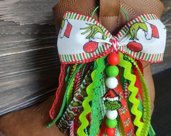Girly preppy Christmas green guy with Santa hat red gingham polka dot ribbon tassel bag charm for purse beach bag boots luggage backpack