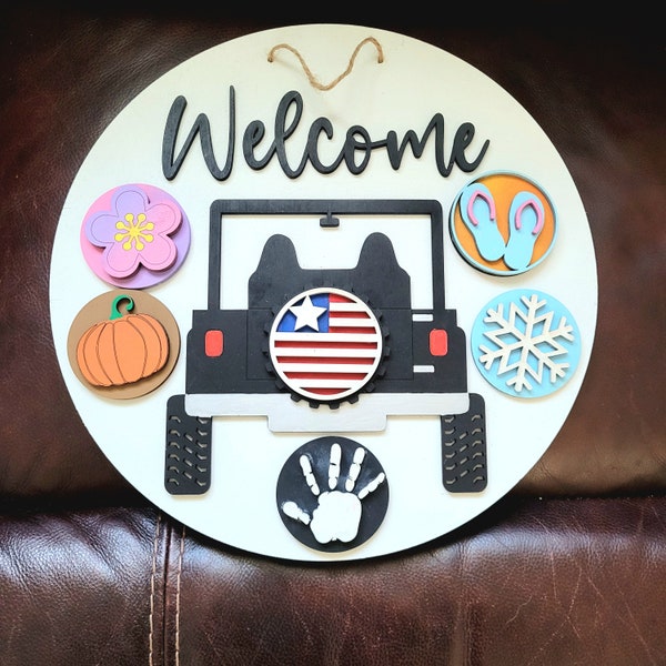 Interchangeable jeep welcome round sign. Spring flower, summer flip flops, American flag, fall pumpkin, winter snowflake, customizable