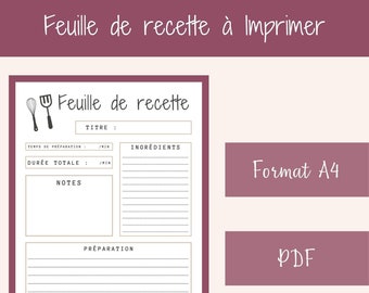 Recipe sheet to complete - digital recipe sheet to print