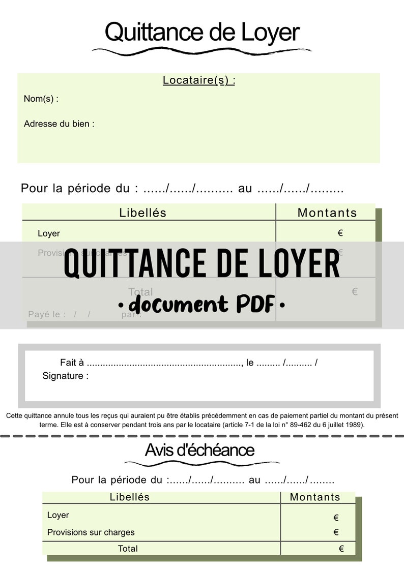 Quittance de loyer PDF à compléter téléchargement instantané - Etsy France