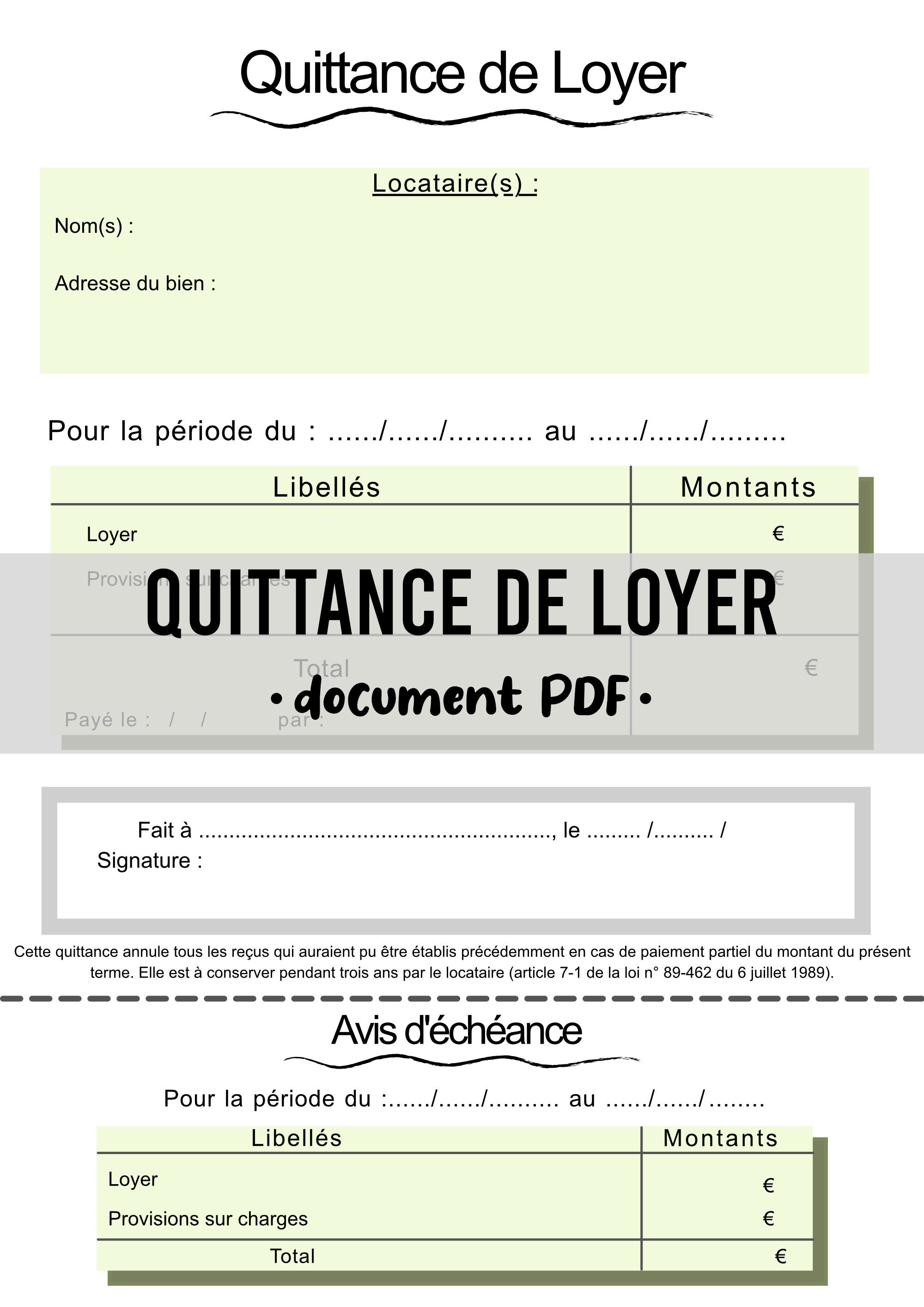 Quittance de loyer PDF à compléter téléchargement instantané -  France