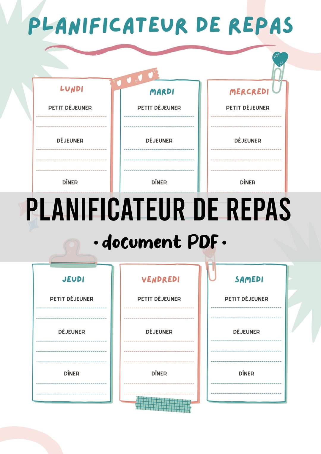 Planificateur de repas à imprimer format PDF téléchargement instantané -   France