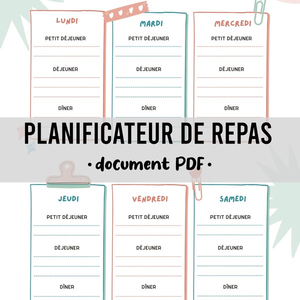 Planificateur de repas à imprimer - format PDF - téléchargement instantané