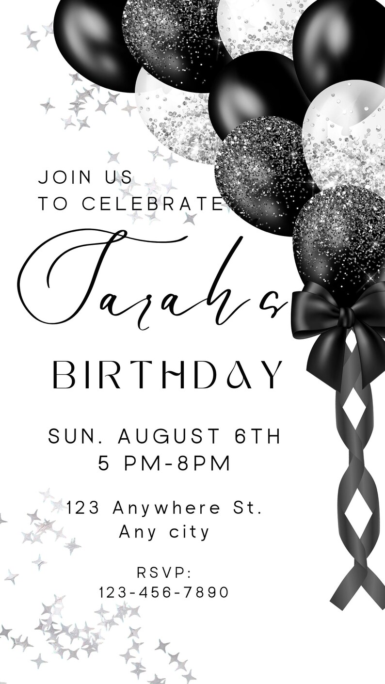 White Black Balloons Birthday Invitation, Electronic Birthday Party