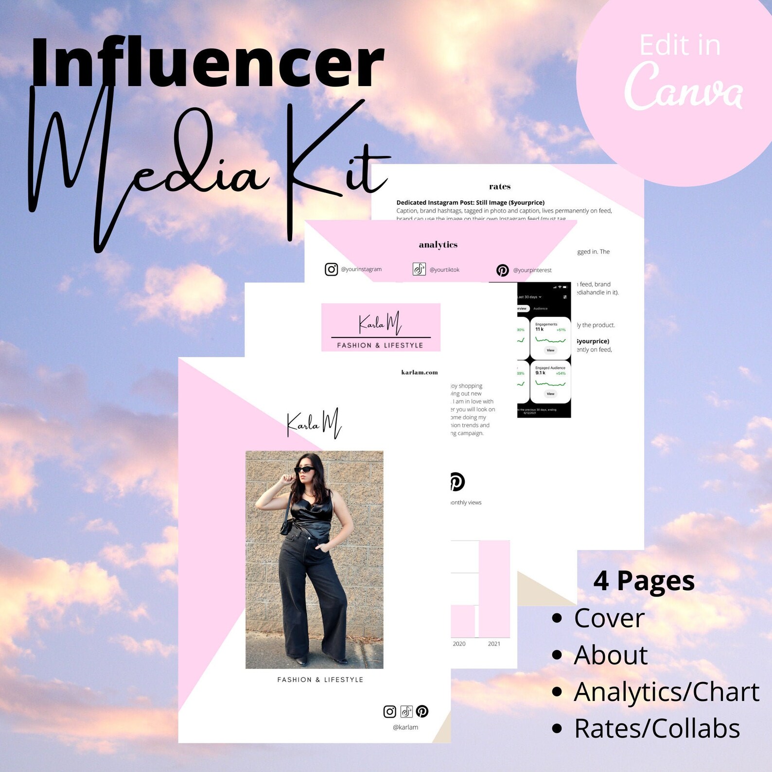 Influencer Media Kit Template Edit in Canva Social Media Etsy