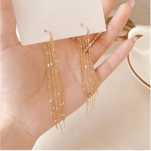 TASSEL WOMAN EARRING, Gold Fringe Earring, Tassel Gold Earring, Tassel Drop Earlobe,  Beautiful Long Drop Gold Tassel Earring Gift For Ideas